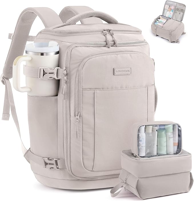 LOVEVOOK Travel Backpack for Women & Men, 40L TSA Approved Carry On Backpack with 3 Packing Cubes, Waterproof Weekender Overnight Bag for 2-4 Day Trips, Business & Travel Essentials, Beige Gray