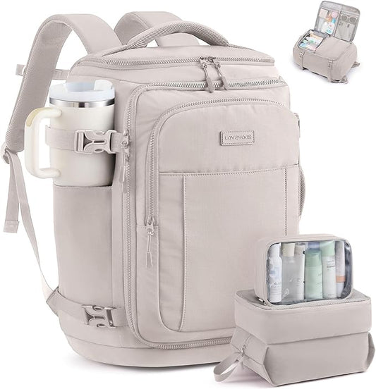 LOVEVOOK Travel Backpack for Women & Men, 40L TSA Approved Carry On Backpack with 3 Packing Cubes, Waterproof Weekender Overnight Bag for 2-4 Day Trips, Business & Travel Essentials, Beige Gray