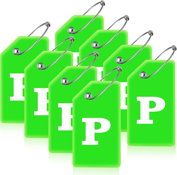 Gostwo 8 Pack Luggage Tags for Suitcases, 26 Initial Letter Travel Luggage Baggage Identification Labels ID Tags Fully Bendable Tags with Stainless Steel Loop (Letter P, Green)