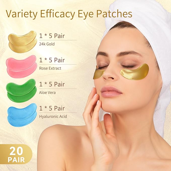 Under Eye Patches, 20 Pairs Eye Mask for Dark Circles,Puffy Eyes,Undereye Bags,Wrinkles,Eye Mask Patches with Hyaluronic Acid, 24K Gold,Rose & Aloe Vera,Eye Treatment Skin Care for Men & Women Gift