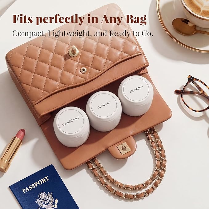 New Travel Toiletry Containers [Ultra Leakproof] TSA-Approved, PLA Hard Shell Jars with 5 Magnetic Labels, Wide Mouth Bottles for Lotion, Cleanser, Shampoo, Conditioner, Beige, 3 Pack, 2OZ