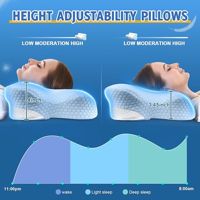 Cervical Neck Pillows with Memory Foam - Neck Pillows for Pain Relief Contour Memory Foam Pillows Ergonomic Neck Support - Adjustable Orthopedic Pillows with Breathable Pillowcase for Sleeping Blue