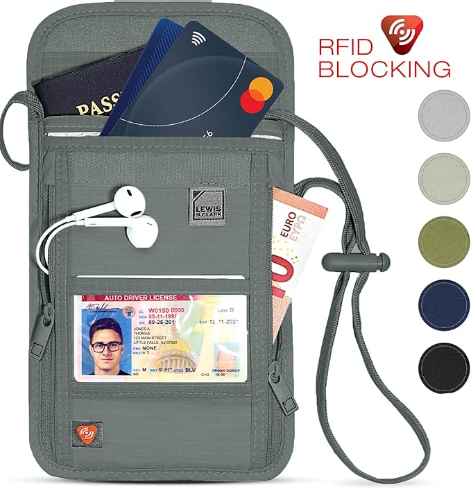 Lewis N. Clark Stash Neck Travel Wallet, RFID Blocking Passport Holder, Protect Personal Information, Slate