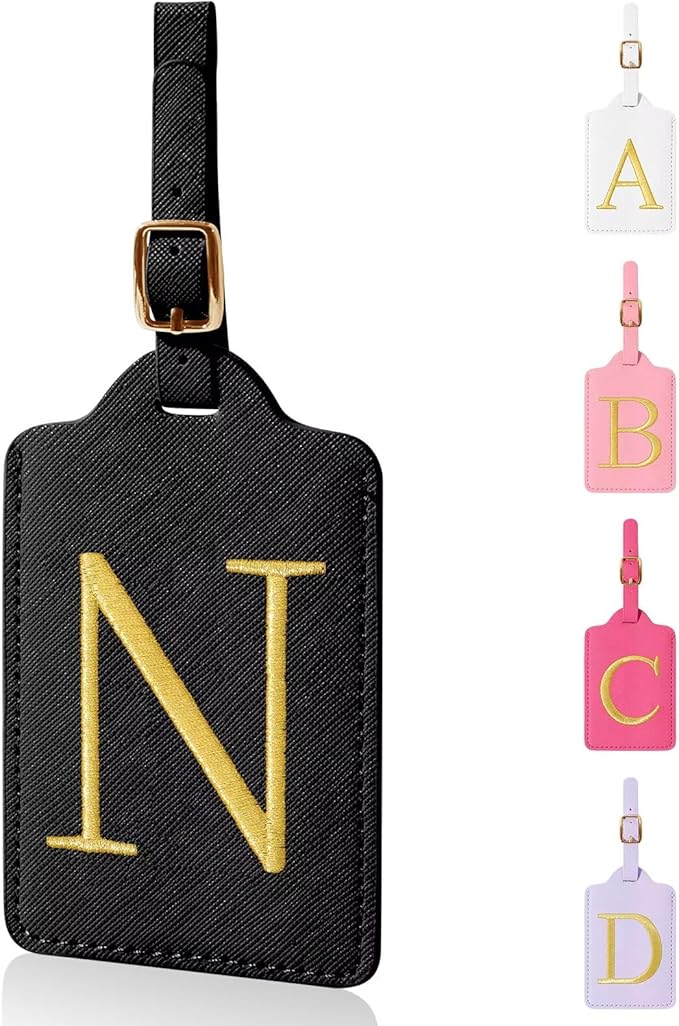 Personalized Initial Luggage Tags for Suitcases,Leather Letter Cute Luggage Tags with Privacy Name Card,Embroidered Monogrammed Travel Bag Backpack Tag Gifts for Women Kids Girls Teens(Black-N)
