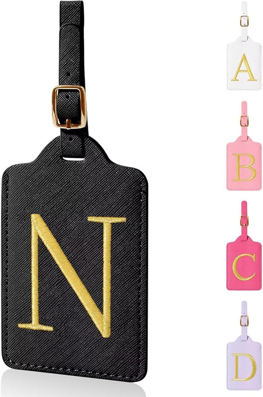 Personalized Initial Luggage Tags for Suitcases,Leather Letter Cute Luggage Tags with Privacy Name Card,Embroidered Monogrammed Travel Bag Backpack Tag Gifts for Women Kids Girls Teens(Black-N)
