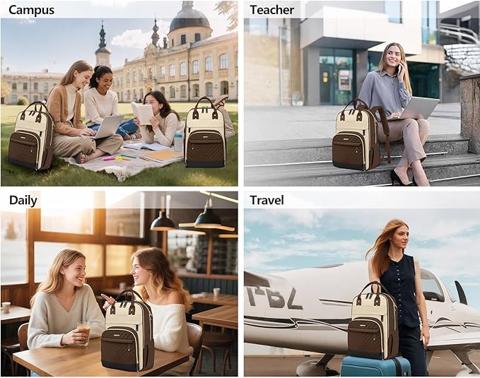 Laptop Backpack for Women Work Bag - 15.6 inch Travel Backpack Purse with USB Charger College Bookbag Waterproof Cute Casual Daypack Fashion Business Computer Backpacks for Teacher Nurse Brown Khaki
