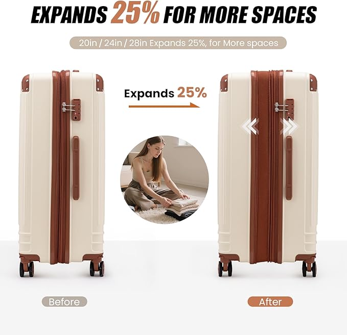 KUNEL Expandable 5 Piece Luggage Sets with Detachable Spinner Wheels and TSA Lock, Unisex Hardside ABS Suitcase Set, Hardshell Lightweight Waterproof Travel Hard Case Suitcases with Wheels, Beige