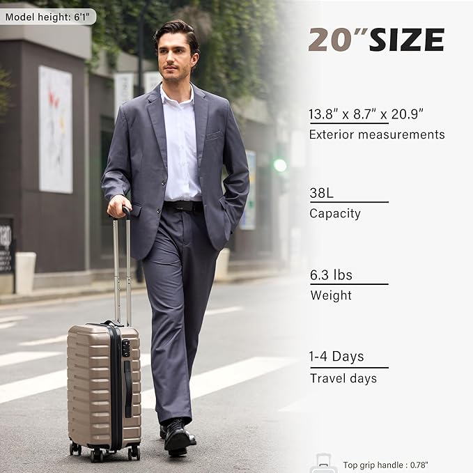 Coolife Carry On Luggage Airline Approved with Spinner Wheels, Hard Shell Suitcase TSA Lock Lightweight Travel Luggage 20-inch,Brown