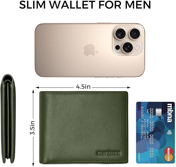 RUNBOX Leather Wallet for Men, Genuine Leather Mens Wallet Bifold Rfid Blocking with 12 Cards and 2 ID Windows, Minimalist Wallet for Men with Gift Box