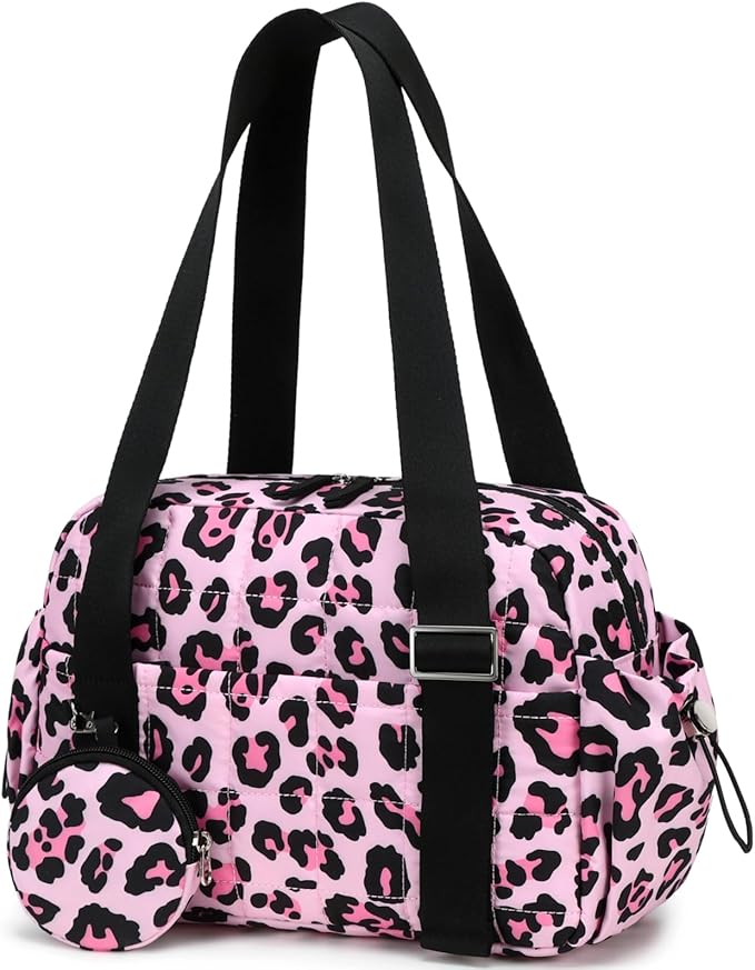CAMTOP Mini Gym Bag for Women, Small Gym Tote Bag Puffy Quilted Sports Duffel Bag with Wet Compartment and Coin Purse Duffel Bags Dance Yoga Workout Bag for Gifts (Leopard, Mini-12.6")