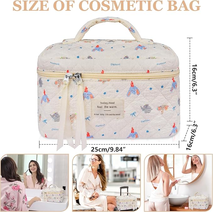 Large Makeup Bag, Cute Cosmetic Bag for Women Girls, Floral Coquette Aesthetic Toiletry Bag, Travel Make Up Organizer Bag (Small Elephant)