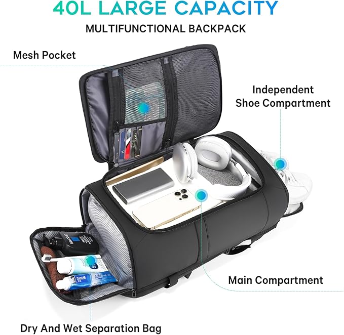 BANGE 40L Travel Backpack with Shoe Compartment, Large Capacity Weekender Bag Daypack Fits 17.3 Inch Laptop, Carry-on Luggage Backpack with Water Bottle Holder for Traveling, Hiking, Business