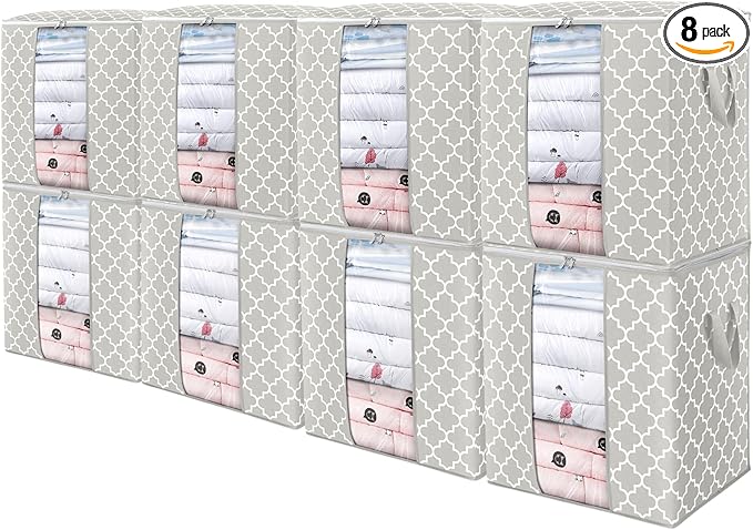 WISELIFE Storage Bags 8 Pack/100L Large Blanket Clothes Organization and Storage Containers for Comforters,Bedding, Foldable Organizer with Reinforced Handle, Clear Window, Sturdy Zippers,Lvory