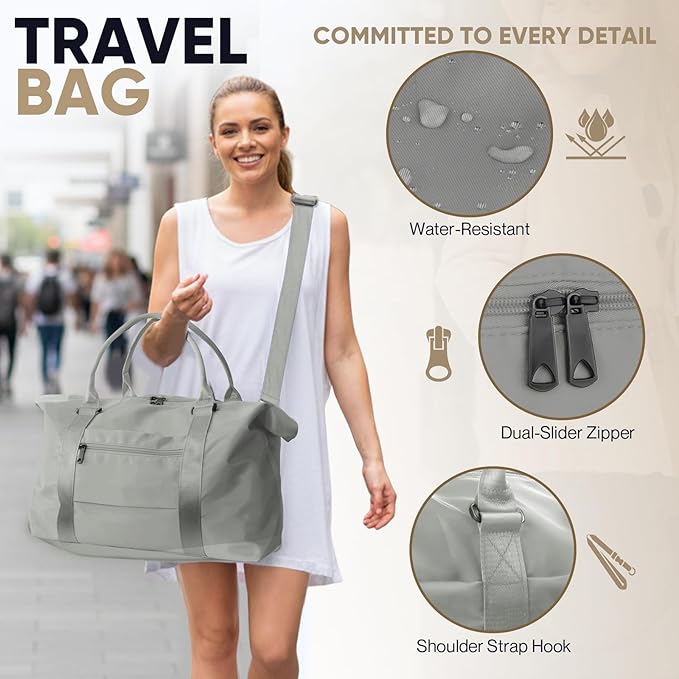 Travel Duffle Bag, Weekender Travel Bag Men Small Gym Bag for Women, Hospital Bag for Labor and Delivery, Overnight Bag Luggage Bag with Trolley Sleeve, Airplane Travel Essentials for Flying(Grey)