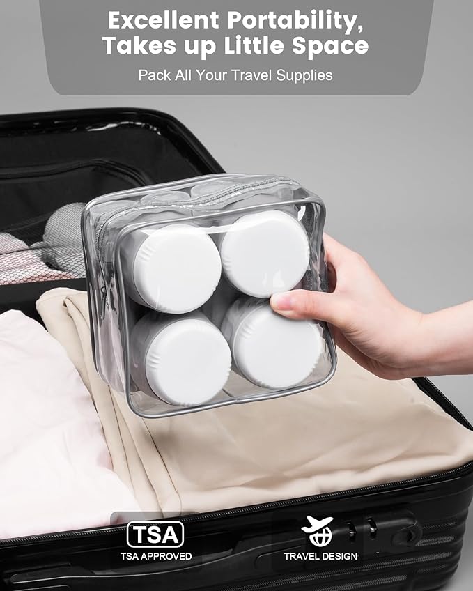 Travel Size Toiletries 8 Pack, TSA Approved 3oz Silicone Squeeze Bottles & Cream Jars with Clear Travel Bag