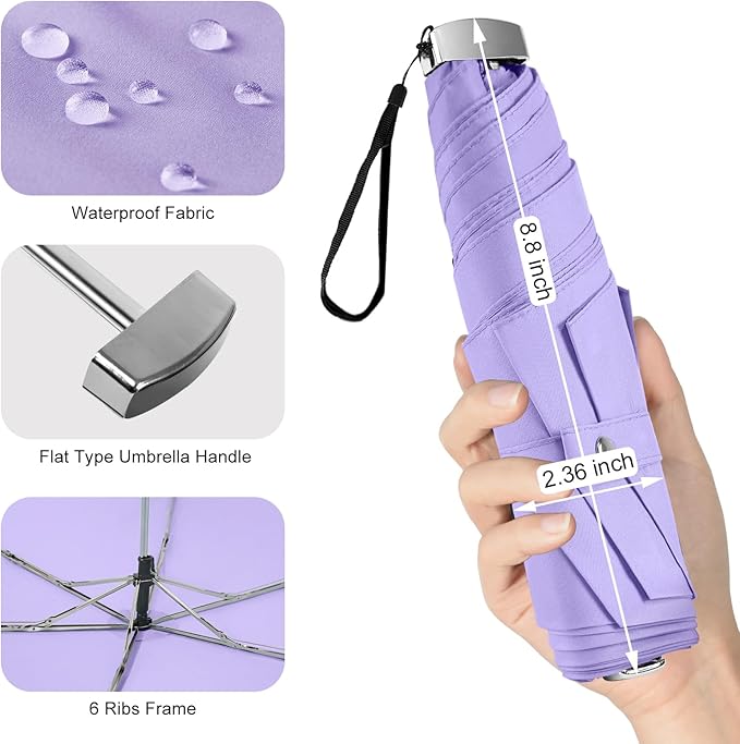 Lejorain Travel Mini Umbrella for Purse - Black Compact Durable Cool Teflon Light Weight Flat Backpacking Umbrella Portable Paraguas