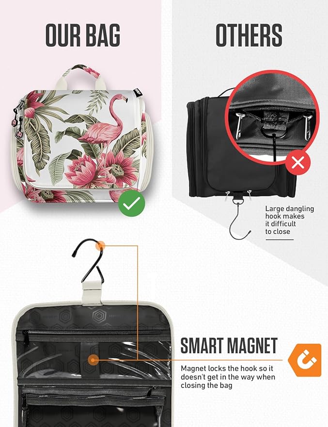 VENTURE 4TH Hanging Travel Toiletry Bag for Women & Men – Large Toiletry Organizer with 17 Compartments, Removable TSA Pouch, Travel Wash Bag for Toiletries, Makeup & Shaving Kit (Pink Flamingo)