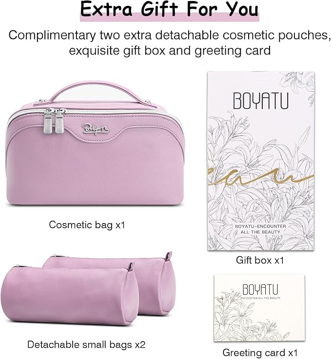 BOYATU Travel Makeup Bag Organizer Cosmetic Bag: 3 Pcs Set Make up Bags for Women with Handle - Waterproof Vegan Leather Toiletry Bags Travel Essentials Pouch with Compartments (C-06-Purple)