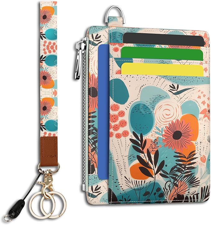 Hancynir Slim Wallet Women Credit Card Holder, Abstract Boho Floral RFID Blocking Front Pocket Wallet Wristlet Keychain Lanyard, Small Cute Thin Travel Zipper Coin PU Leather Card Case Organizer Gifts
