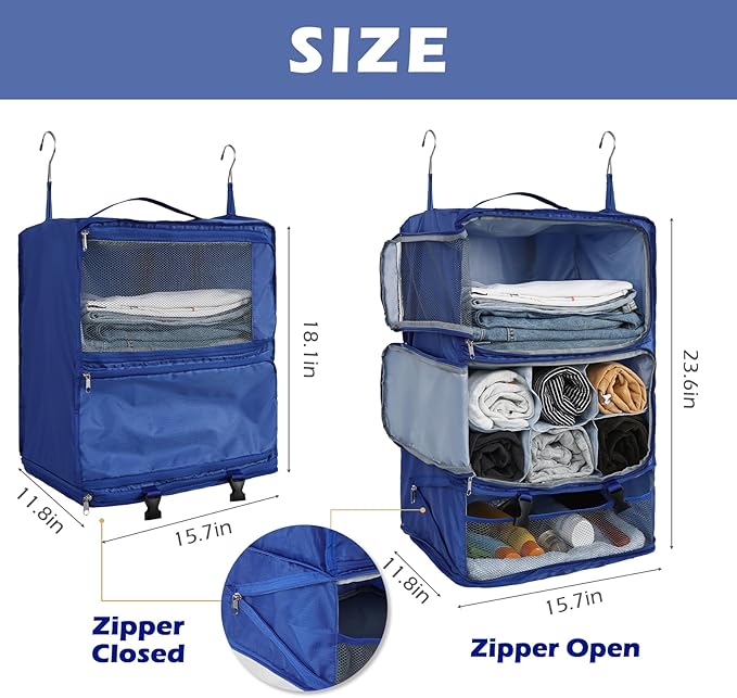 Surblue Hanging Shelves Travel Storage Bag Compression Packing Cube for Suitcase Portable Closet Organizer Collapsible with Extension Layer Large Capacity,Blue,XXL