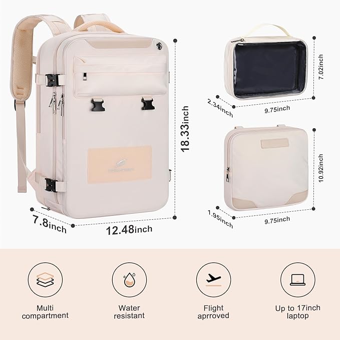 Maelstrom Travel Backpack for Women Men,35L Laptop Backpack Fits 17-Inch Laptop,Carry On Backpack for Airplanes with Crossbody Bag&Shoe Compartment&Toiletry Bag (Beige With Toiletry Bag, Large)