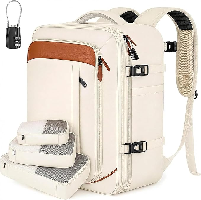 Vancropak Travel Backpack for Women, Airline Approved Carry On Backpack with 3 Packing Cubes, Expandable Large 40L Travel Bag fits 17" Laptop, Anti Theft Luggage Suitcase Weekend Daypack, White Brown