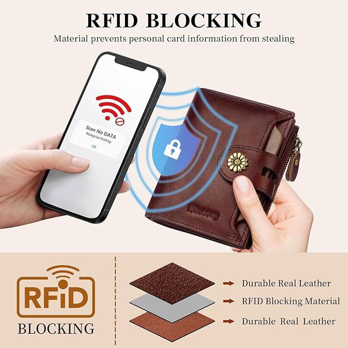 Wallet Women,Rfid Blocking Leather Bifold Womens Wallet Compact Card Holder Small Wallet for Women with Removable ID Window Darkhkaki