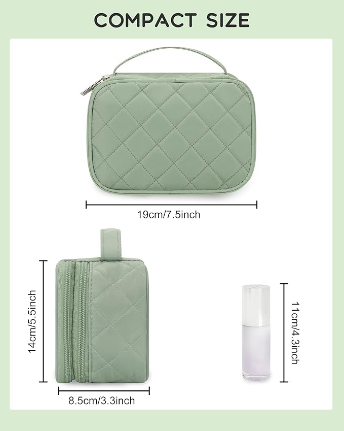 Relavel Travel Makeup Bag, Cosmetic Bag for Girls with 2 Makeup Brush Holders, Portable Makeup Pouch for Women, Cute Toiletry Bag with Double Layer Organizer - Green