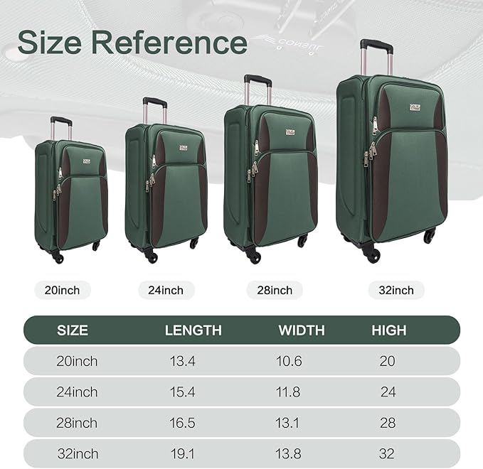 Softshell Luggage Expandable 4 Piece Set (20/24/28/32 Inch) Suitcase Softside Lightweight Luggage Travel Set Elegant Suitcase (Dark Green)