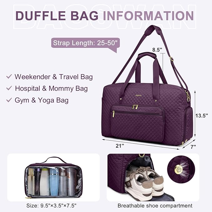 Large Weekender Travel Duffle Bag - With Shoe Compartment Weekender Bags for Womens Carry on Overnight Bag with Toiletry Bag Gym Duffel Bags with Wet Pocket Hospital Bags for Women Labor and Delivery