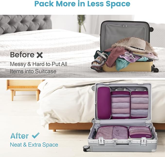 Cambond See Through Mesh Compression Packing Cubes - 5 Piece Expandable Space Saving Packing Cubes for Travel with Underwear Bag, Lightweight Luggage Packing Organizers for Suitcases, Purple