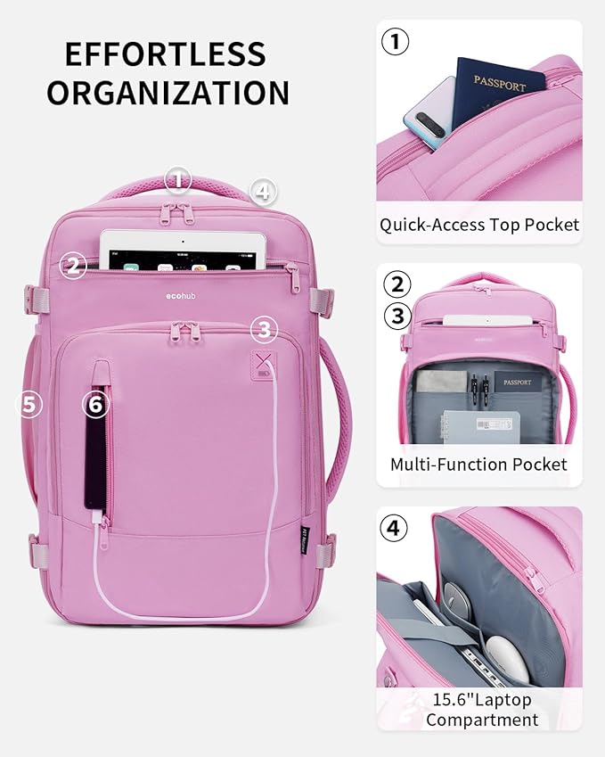 ECOHUB 17" Small Travel Backpack, United Airlines Personal Item Bag 17x10x9 with 16 Pockets, Water Resistant Rucksacks Fit 15.6" Laptop, AirTag Pocket, Lightweight Casual Daypack, 25L, Pink