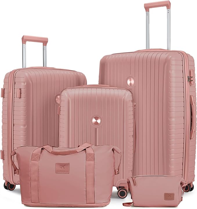 Joyway Luggage Sets 5 Piece PP Hardshell Carry on Suitcase, Travel Lightweight Carry-on with Double Spinner Wheels and TSA Lock, Rose Gold