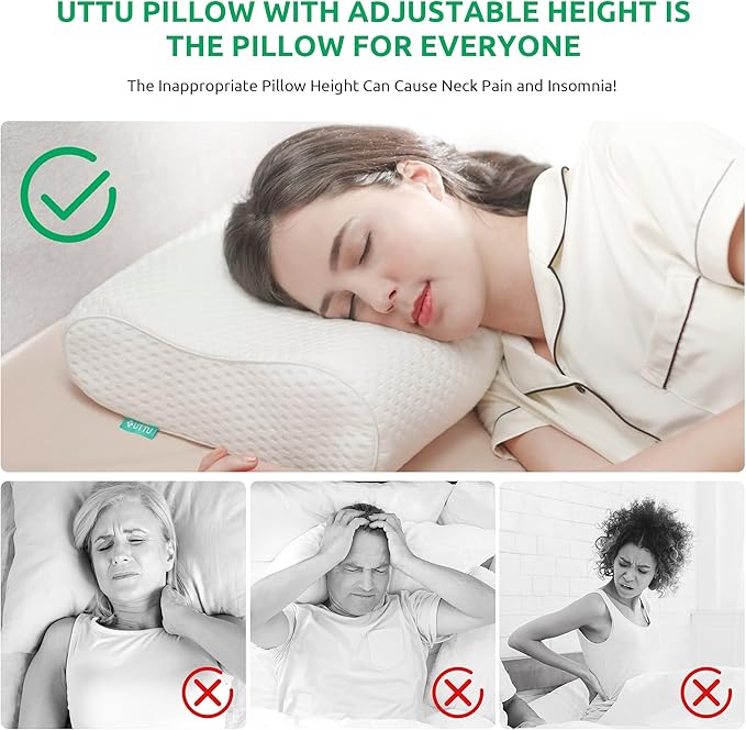 UTTU Cervical Pillow for Neck Pain Relief, Memory Foam Neck Pillow for Sleeping, Adjustable Orthopedic Sandwich Pillow, Contour Cooling for Side Back Stomach Sleeper, Travel(15.7"×11"×5.2"/4.5")