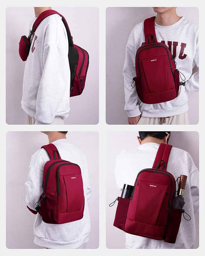 ECOHUB Anti-Theft Crossbody Bag Men Women, RFID Blocking Lightweight Sling Backpack Eco-Friendly with 9 Pockets Sturdy SBS Zippers Water Resistant for Travel Work Hiking Outdoor, Red