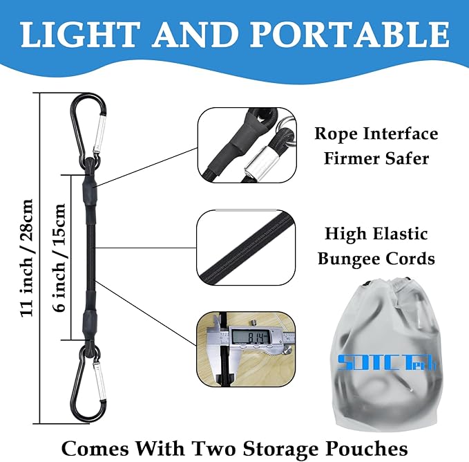 SDTC Tech 8IN Mini Short Bungee Cords with Carabiner Hooks Heavy Duty Elastic Tie Downs Straps for Tent, Bike, Kayak, Luggage (4-Pack)