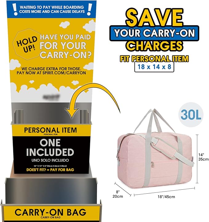 For Spirit Airlines Personal Item Bag 18x14x8 Foldable Travel Duffel Bag Tote Duffle Carry on Luggage for Women and Men 30L (Pink (With Shoulder Strap))