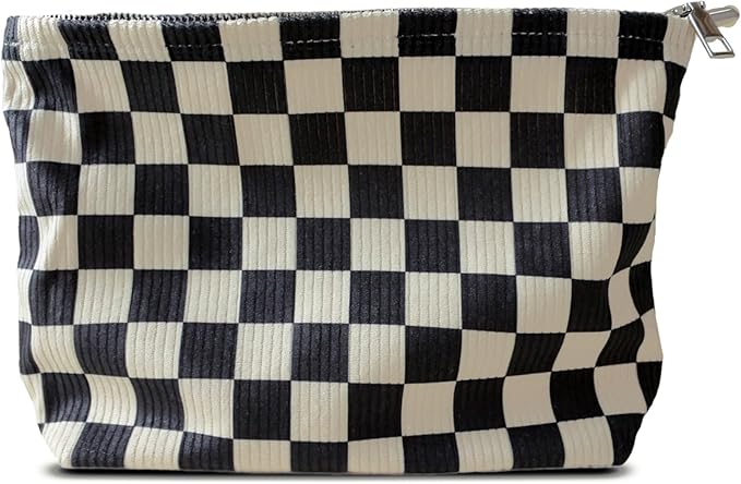 HAPPYHEIDI Checker Corduroy Makeup Bag Women Cosmetic Toiletry Travel Pouch Office Desk Organizer, Vintage Black White Block