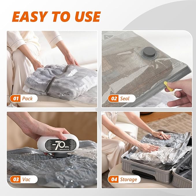 Travel Vacuum Bags with Wireless Pump, 15 Pack Vacuum Storage Bags with Powerful -70KPa Suction, for Maximum Compression in Luggage, Travel and Home Use for Clothes and Blankets.