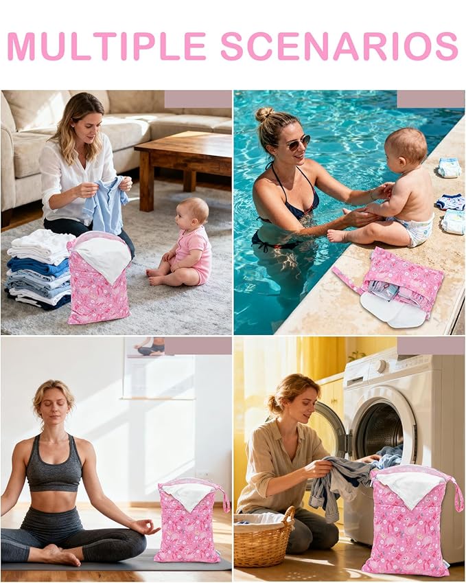 ALVABABY 3 pcs Cloth Diaper Wet Dry Bags Waterproof Reusable with Two Zippered Pockets Travel Beach Pool Daycare Soiled Baby Items Yoga Gym Bag for Swimsuits or Wet Clothes Small Medium Large 3L-SML19