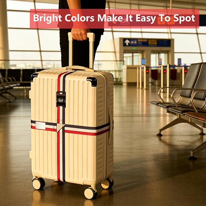 Luggage Straps for Suitcases,Travel Luggage Straps with Lock and Luggage Tags,Suitcase Strap,Adjustable Colorful Travel Belt for Travel Suitcase Bag Closure Accessories.(Red White Blue)