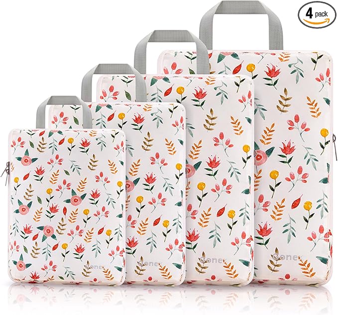 Gonex Compression Packing Cubes, 4pcs Expandable Storage Travel Luggage Bags Organizers (Floral Pink)