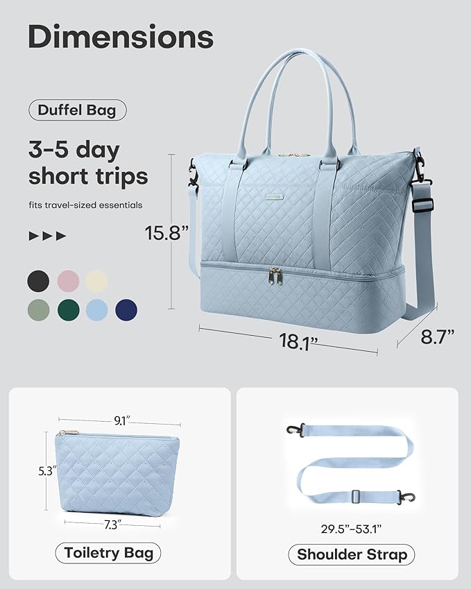 HOTOR Travel Duffel Bag - Weekender Bags for Women, Gym Tote Bags with Shoe Compartment, Carry On Overnight Bag with Toiletry Bag for Travel Essentials and Travel Accessories, Blue, 15.8"×18.1"×8.7"