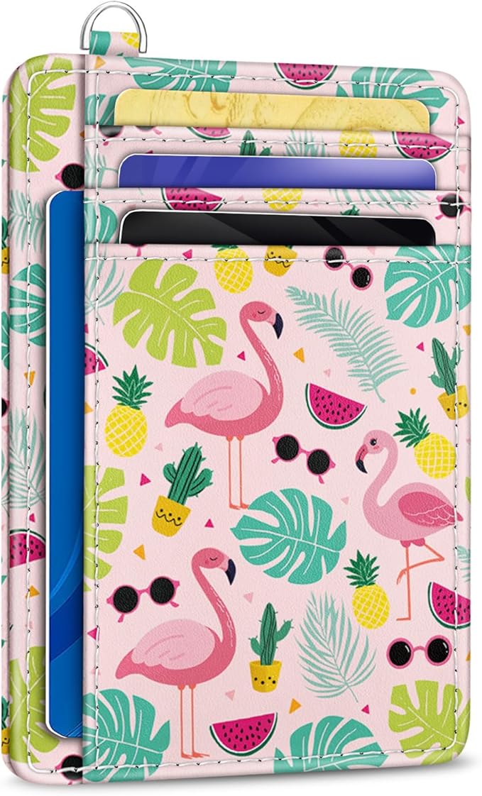 Yonlevres Flamingo Credit Card Holder Slim Wallet Women, Tropical Leaf RFID Blocking Small Wallet Woman, Front Pocket Travel Cute Thin ID Window PU Leather Mini Organizer Case Purse Gift Girls Ladies