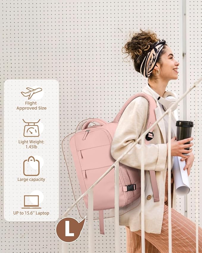 Pritent Travel Backpack for Women Man, Waterproof Laptop Backpack Travel Bag Airline Approved Carry on Weekender Overnight Bag Bookbag for Business,Travel, Work Fits 17.3 inch Laptop(Large,Pink)
