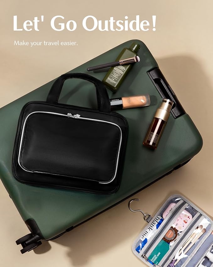 Travel Hanging Toiletry Bag for Women - Waterproof Cosmetic Organizer with Clear Window, Lightweight Bathroom Bags for Essentials, Makeup, Shampoo, Toiletries Black,Large