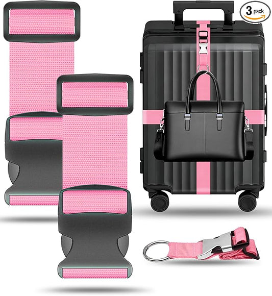 BILIONE 2 Pack Luggage Straps for Suitcases Adjustable Bright Nylon Belt to Identify, with Add A Bag Strap, Travel Essentials for Air Flying