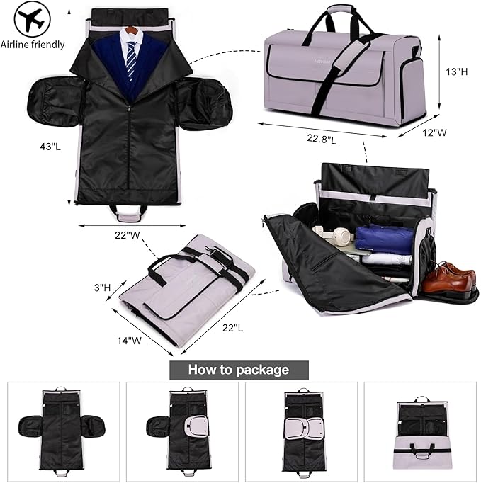 Travel Garment Bag Suit Bags for Men with Shoulder Strap & Shoes Compartment, Water Resistant Carry On Garment Duffle Bag - 2 in 1 Hanging Suit Garment Bags for Travel, Grey