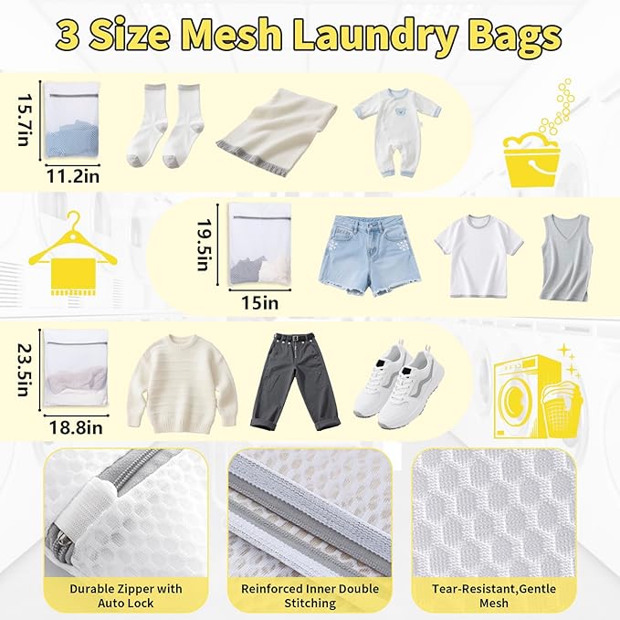 150L Laundry Bag Backpack with 3 Sizes Mesh Wash Bags and Shoulder Straps Foldable Clothes Hamper Bag with Drawstring Closure for College, Apartment, Laundromat (Yellow)