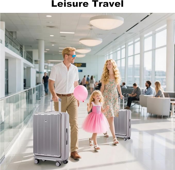 Gets Carry on Luggage Airline Approved,20 Inch Abs+Pc Hardshell Spinner Luggage With Cup Phone Holder and USB Charger,Front Pocket Durable Suitcase for Women Men-Silver